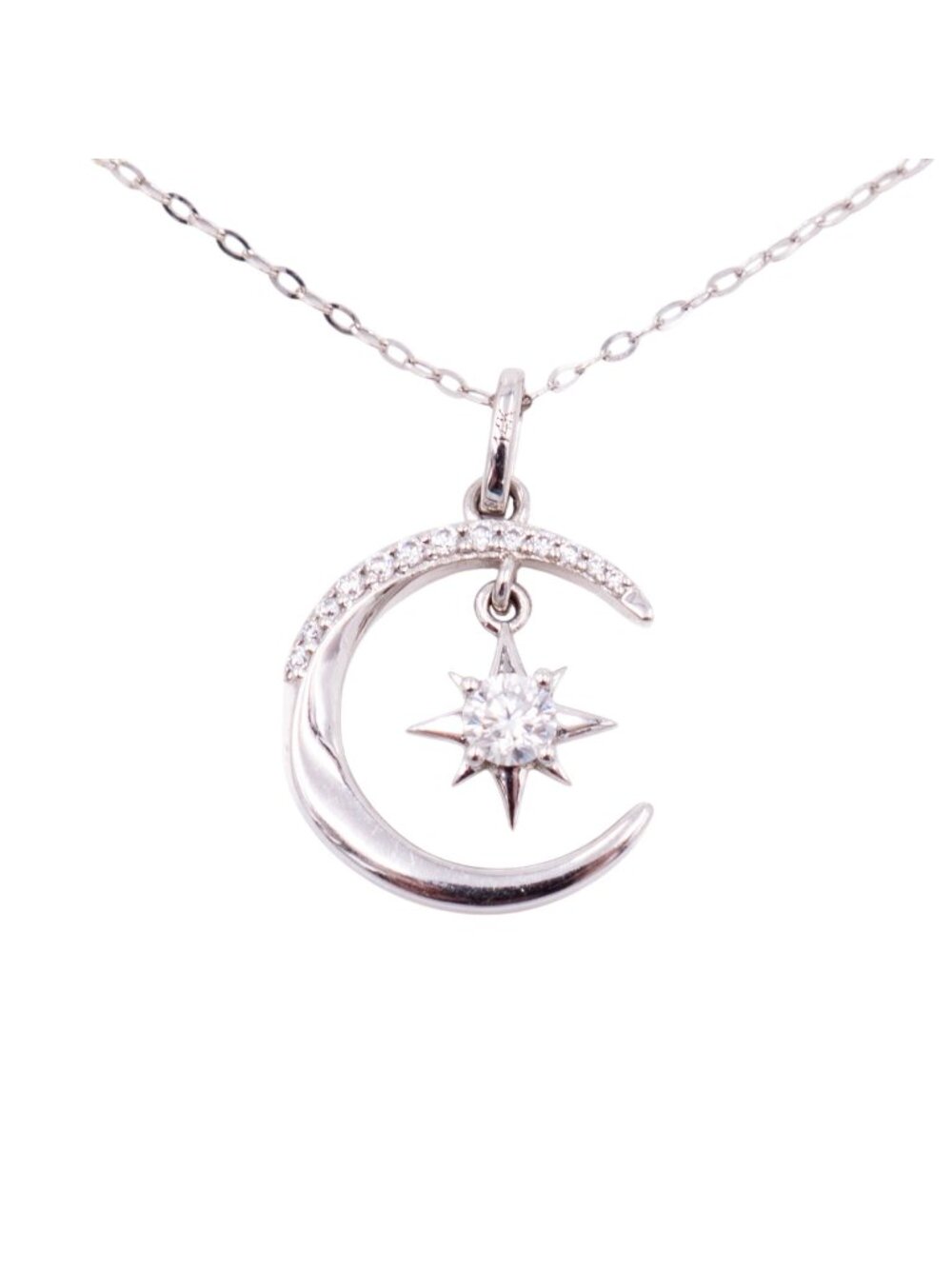 14K White Gold 16 to 18 Inch Moon North Star Moissanite Pendant Necklace